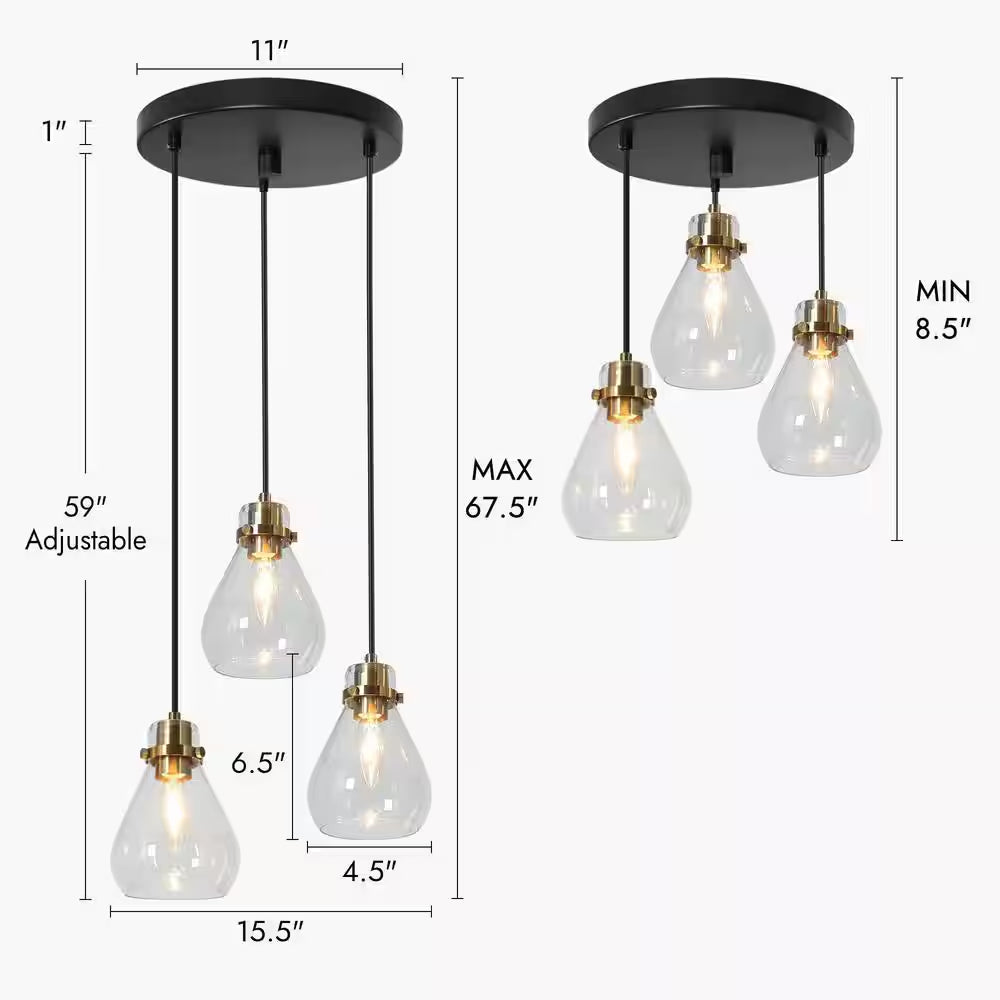 Modern Black and Brass Chandelier 3-Light Height Adjustable Ceiling Light with Teardrop Clear Glass Shades