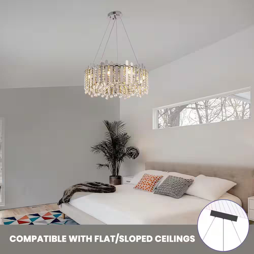 23.6 In. Modern 8-Light Chrome Crystal Chandelier Circle round 2-Tiers Chandelier for Dining Living Room Bedroom