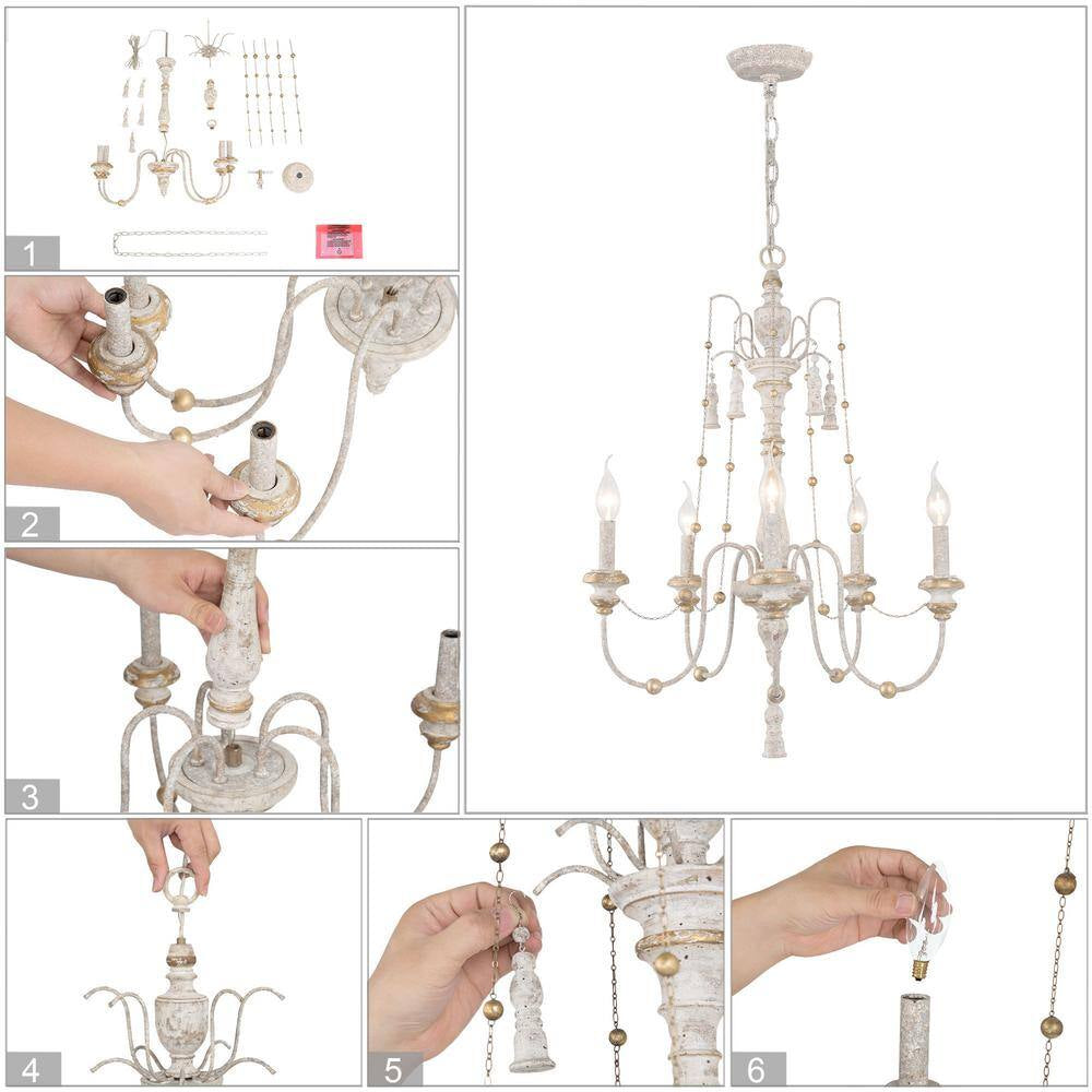Eliza Farmhouse 5- -Light Dining Room White Wood Chandelier with Elegant French Country Design Gold Beads Curtain