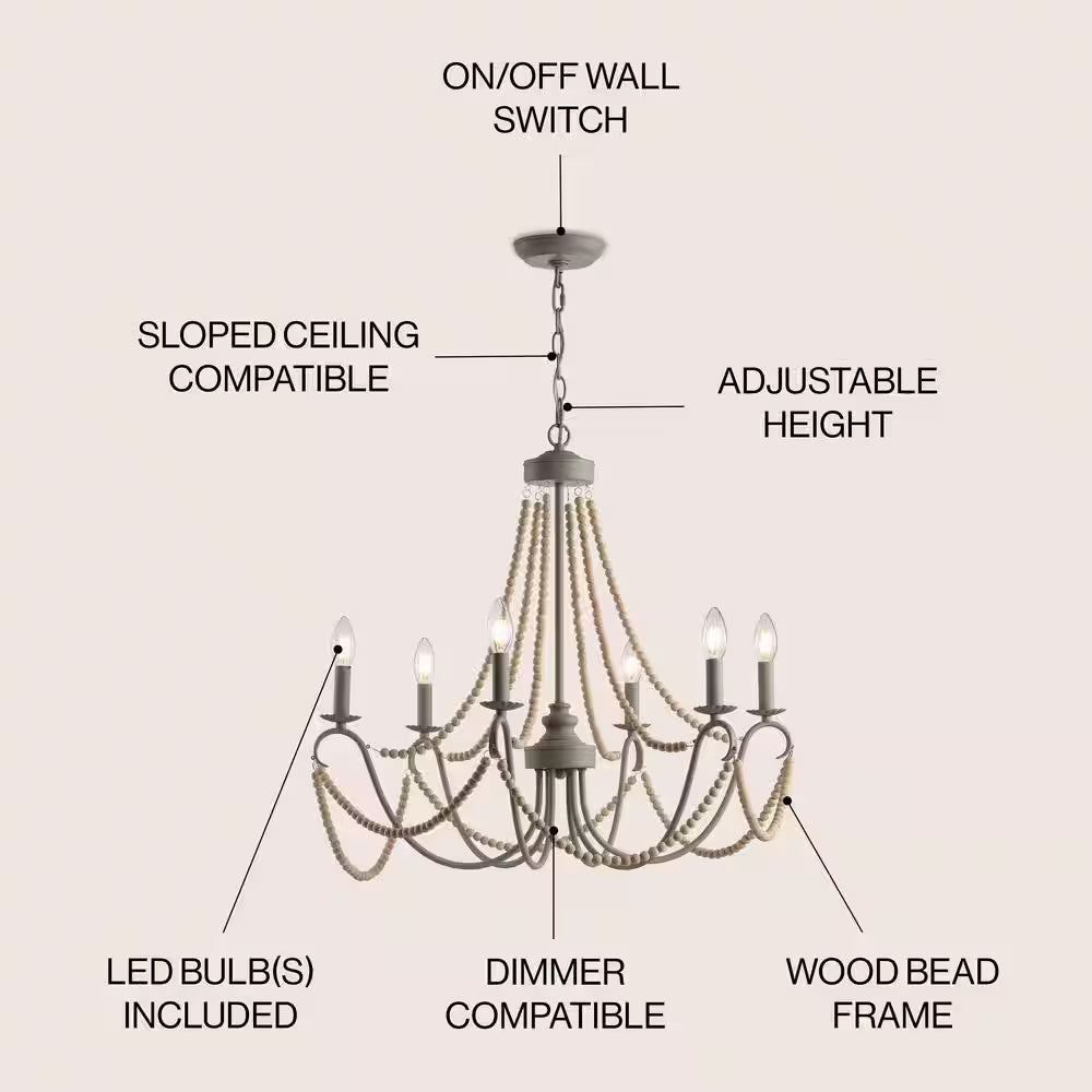 Rustica 6-Light 27 In. Grey/Natural Adjustable Greige Metal/Wood Bead LED Chandelier