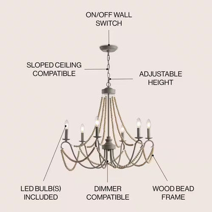 Rustica 6-Light 27 In. Grey/Natural Adjustable Greige Metal/Wood Bead LED Chandelier