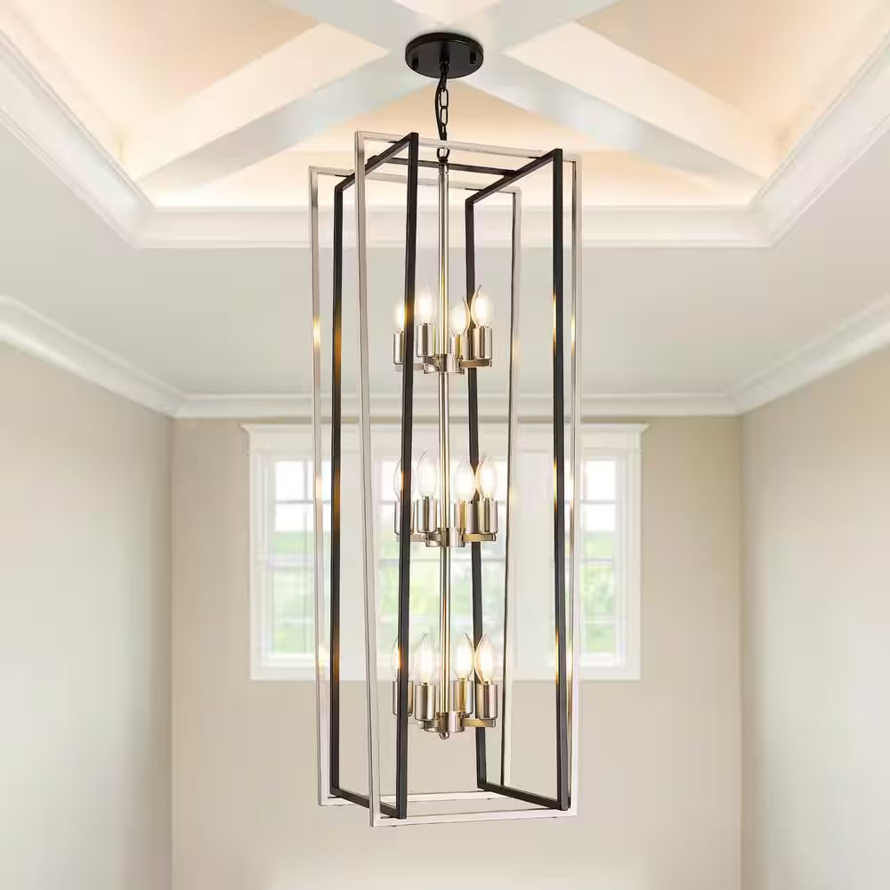 12 Light Modern Chandelier Semi Flush Black and Sliver Ceiling Light Fixture for Dining Room Hallway Entryway Bedroom