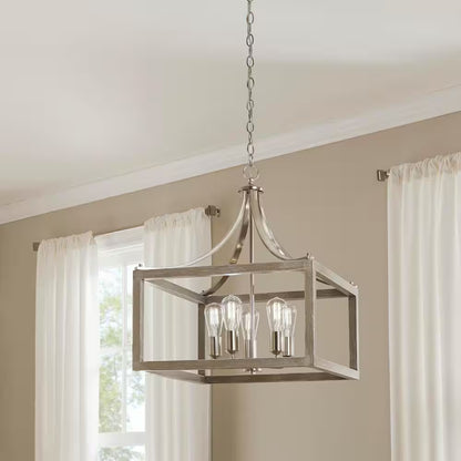 Boswell Quarter 14 In. 3-Light Brushed Nickel Farmhouse Square Chandelier with Painted Weathered Gray Wood Accents