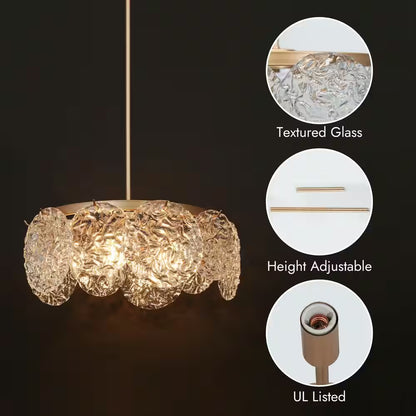 Wavelet 5-Light Dark Gold round Chandelier Lighting, Mid-Century Modern Pendant Light with Water Ripple Glass Shade