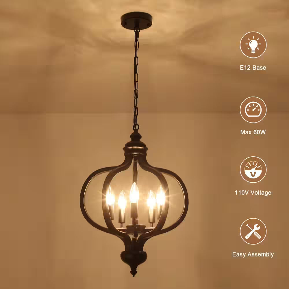 5-Light Black French Country Iron Chandelier for Kitchen Island with No Bulbs Included