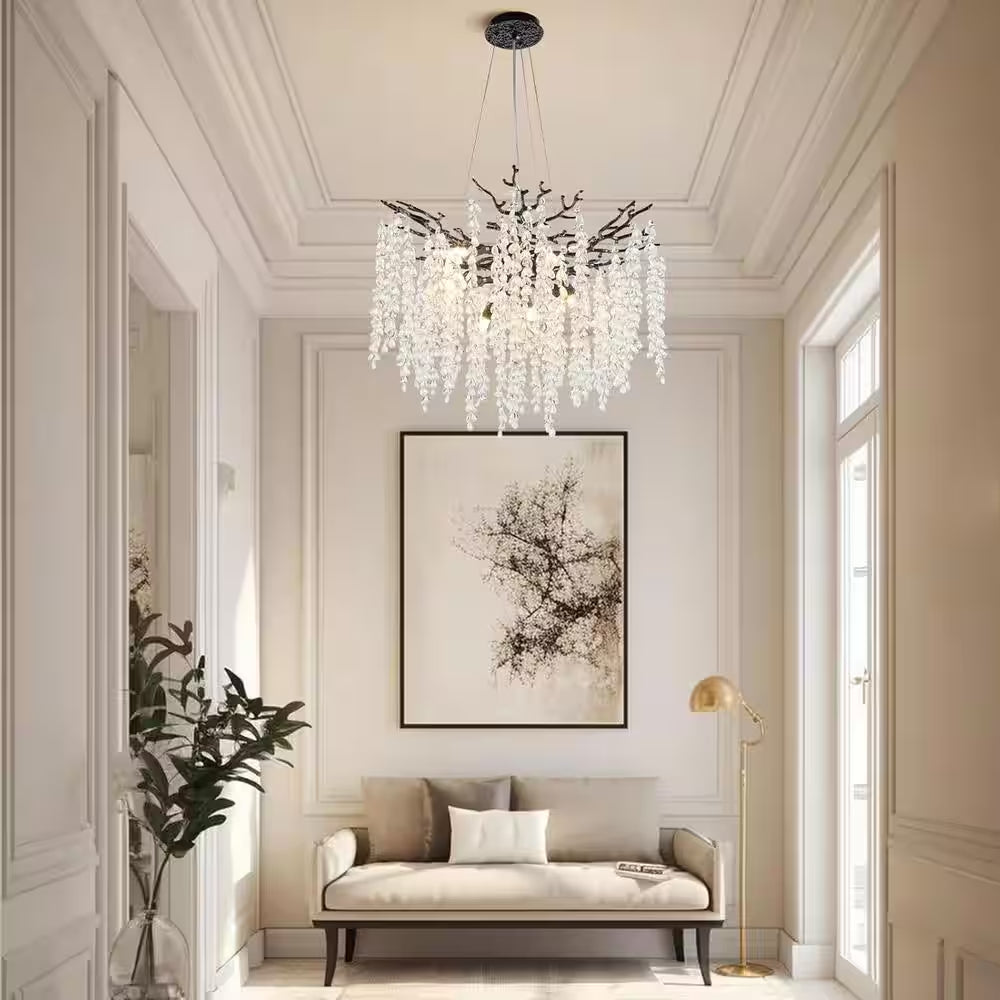 24" 8-Light Modern Crystal Chandelier Black Tree Branch round Chandelier for Dining Room, Living Room, Bedroom, Entryway