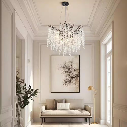 24" 8-Light Modern Crystal Chandelier Black Tree Branch round Chandelier for Dining Room, Living Room, Bedroom, Entryway