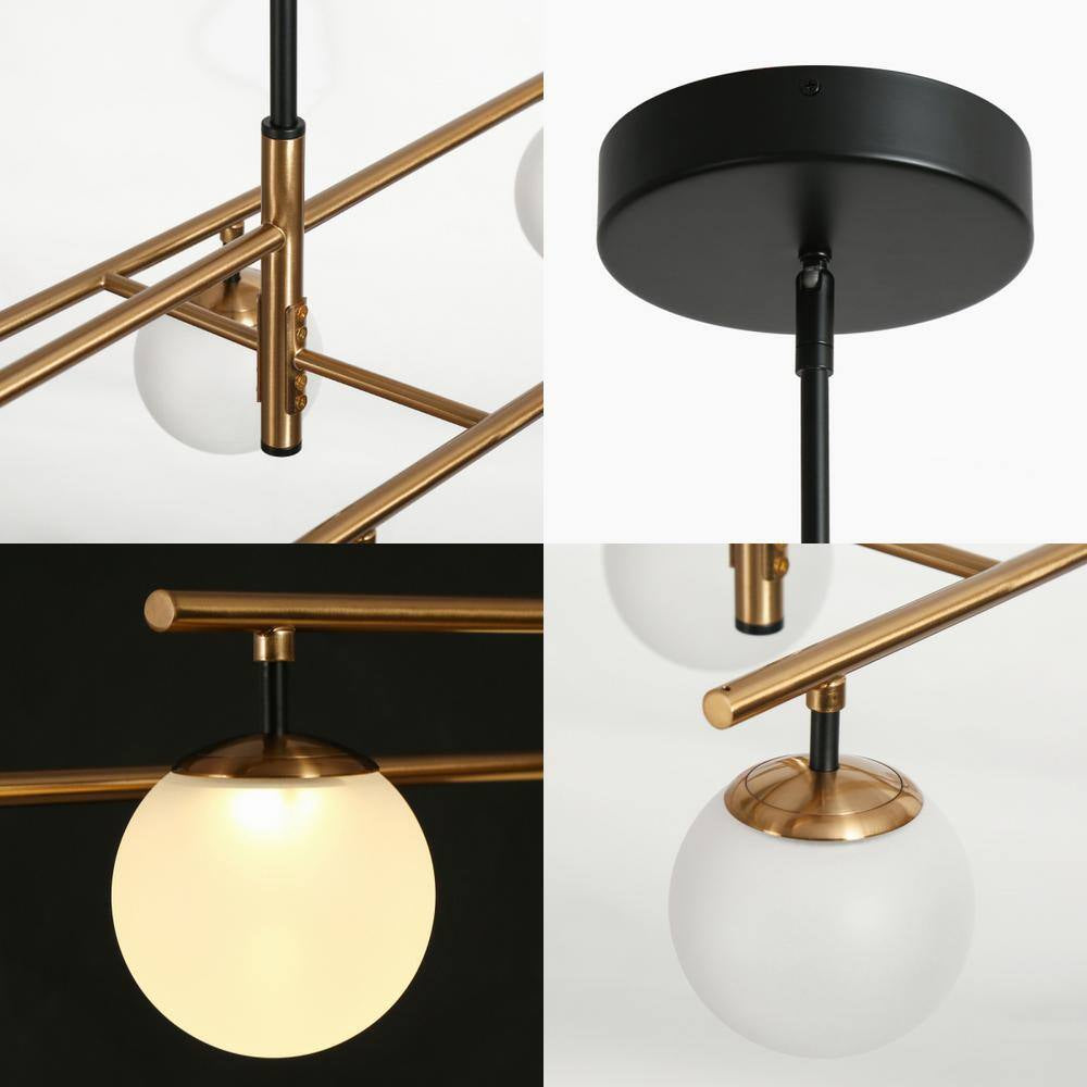 Transitional 6-Light Brass Linear Integrated LED Island Pendant Light, Globe Frosted Glass Chandelier for Dining Room