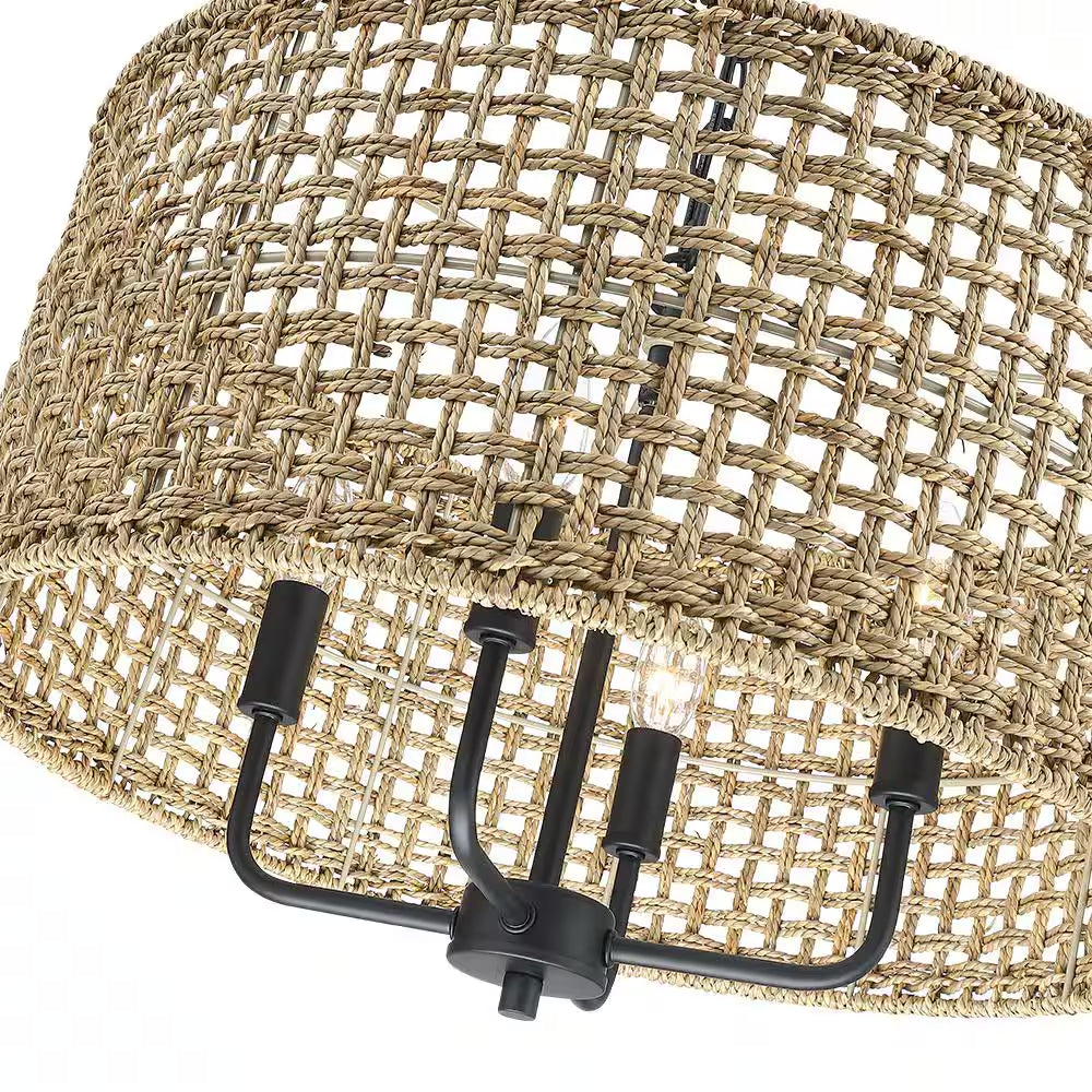 Cape 20 In. 4-Light Bohemian Drum Chandelier with Straw Hand Woven Shade