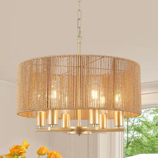 6-Light Natural and Gold Rattan Bohemian Drum Chandelier for Living Room Kitchen