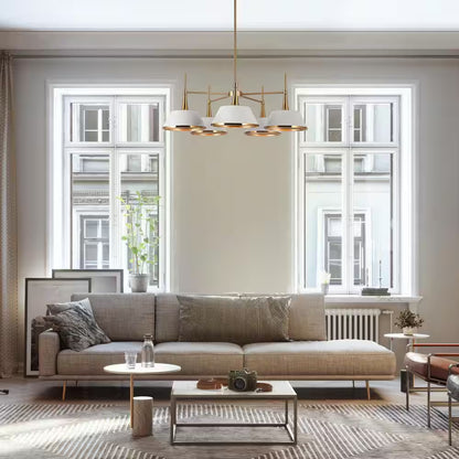 Modern 5-Light Matte White and Plated Brass Chandelier Contemporary Island Ceiling Light with Bell Shade for Living Room