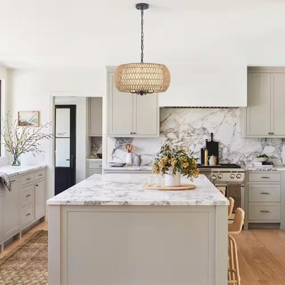 6-Light Black Bohemian Drum Chandelier with Straw Woven Shade for Kitchen Island