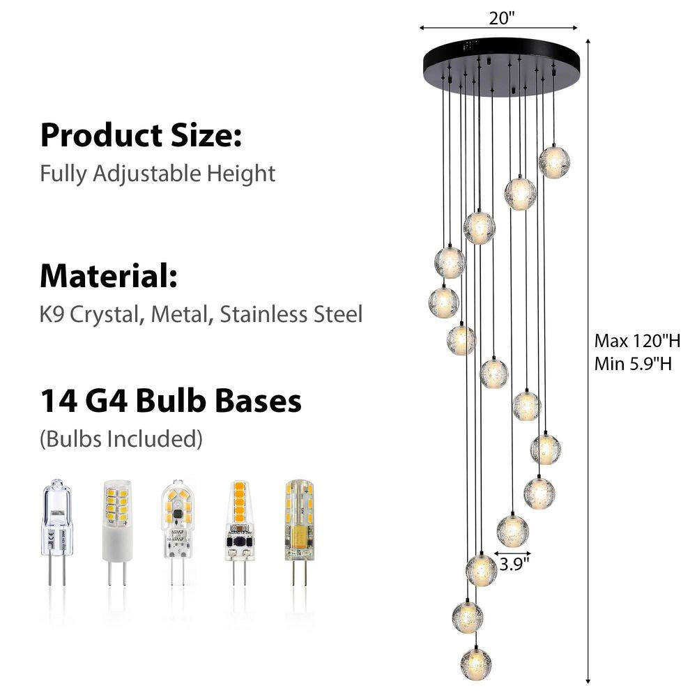 120 In. H 14-Light Black Staircase Chandelier Modern Pendant Light W/Glass Shade for High Ceiling Living Room Entryfoyer