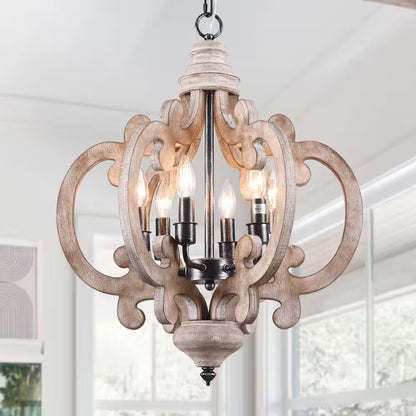 Voitto Cottage Chic Crown 6-Light Weathered Wood Chandelier, Farmhouse Wooden Pendant Light