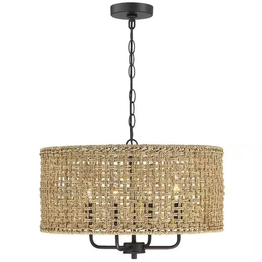 Cape 20 In. 4-Light Bohemian Drum Chandelier with Straw Hand Woven Shade