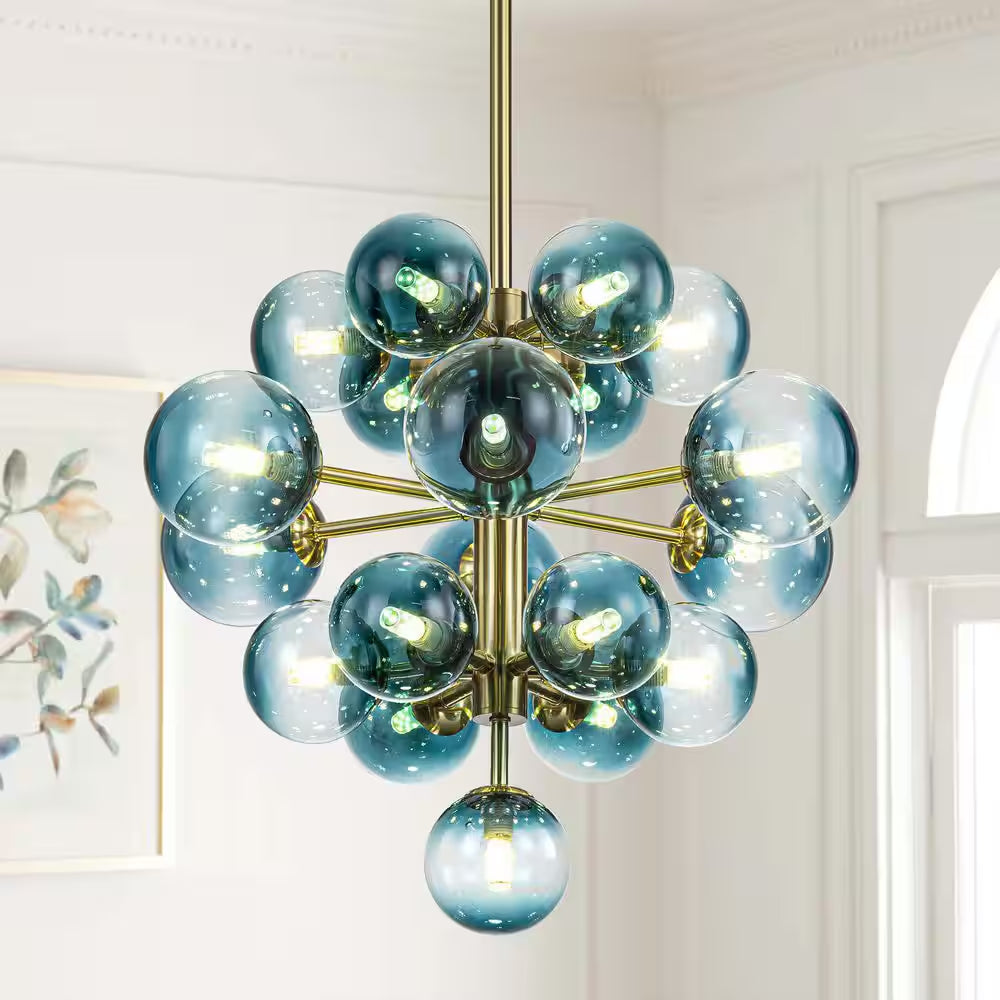 Alex 19-Light Brushed Gold Modern Glam Tiered Cluster Gradient Blue Glass Globe Bubble Chandelier for Dining Room