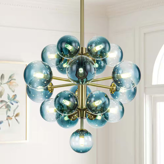 Alex 19-Light Brushed Gold Modern Glam Tiered Cluster Gradient Blue Glass Globe Bubble Chandelier for Dining Room