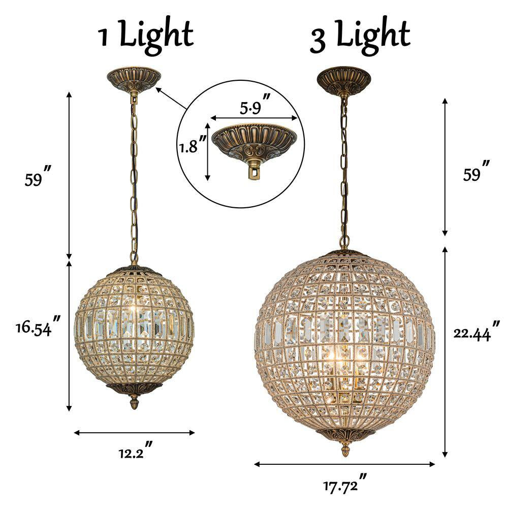 3-Light 18 In. Handcrafted Crystal Chandelier in Antique Gold Vintage French Globe Pendant Light with K9 Crystal Beads