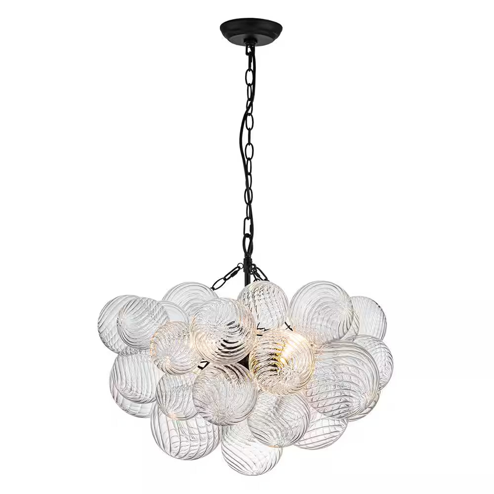 Neuvy 3-Light 23.6 In. W Black Chandelier with Swirled-Glass Orb Cluster Bubble Ribbed Glass Chandelier for Living Room