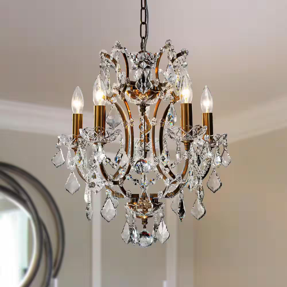 18 In. 5-Light Antique Gold Classic/Traditional Crystal Chandelier Glam Lighting Fixture
