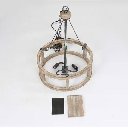Drum Wood Chandelier, Rustic 3-Light Brown Caged Chandelier round Island Pendant Light Farmhouse Chandelier