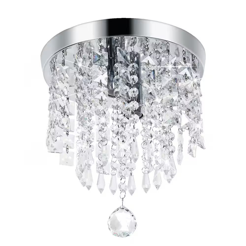 9 In. 2-Light Modern Crystal Kitchen Chandelier Ceiling Light,Chrome Crystal Raindrop Flush Mount for Hallway, Bedroom