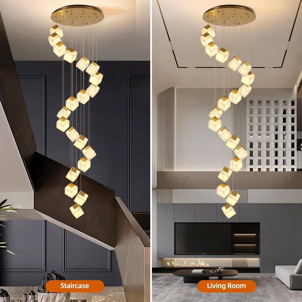 138 In. 20 Light Gold Dimmable Alabaster Cluster Chandelier Haning Pendant for Staircase with Alabaster Shade