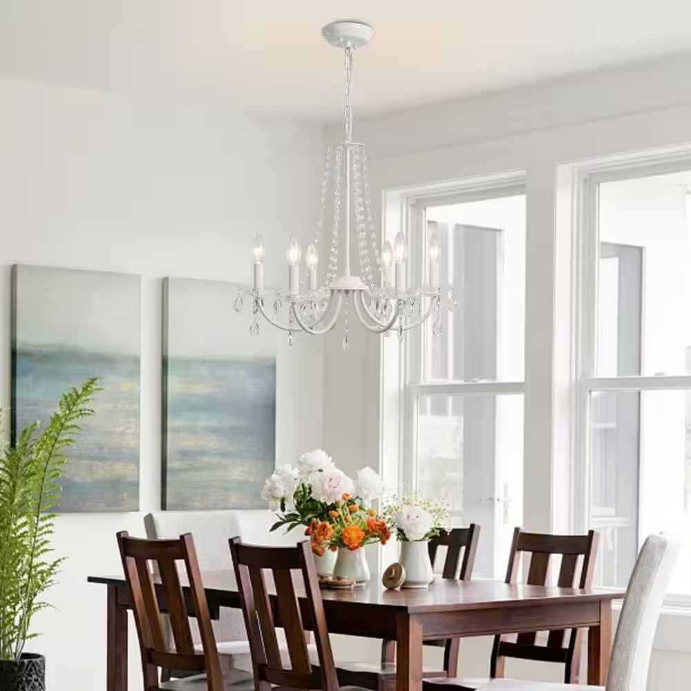 6-Light White Traditional Candle Style Crystal Chandelier for Dining Room Living Room with No Bulbs Included