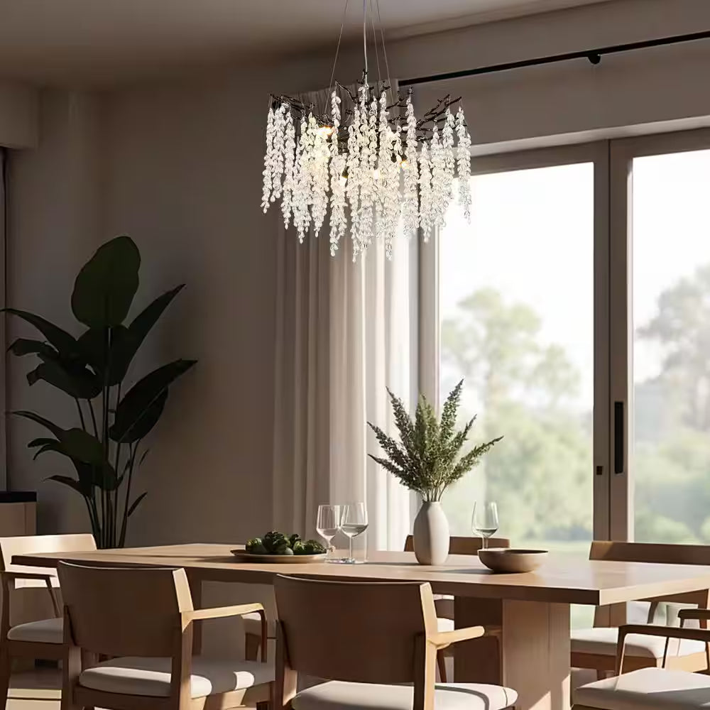 24" 8-Light Modern Crystal Chandelier Black Tree Branch round Chandelier for Dining Room, Living Room, Bedroom, Entryway