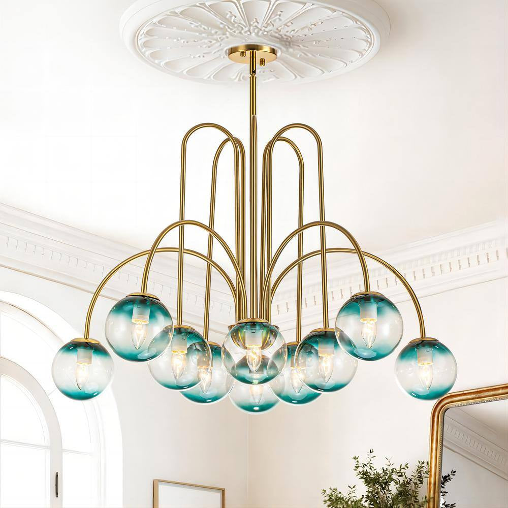 Ayden Modern 10-Light Gold Sputnik Sphere Chandelier with Blue Glass Globe Bubble