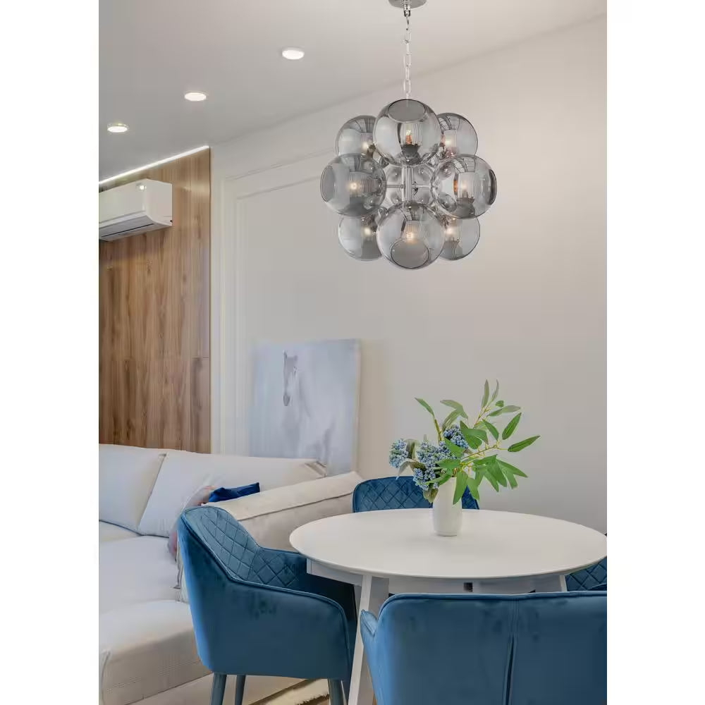Acyee 9 Light Chrome and Smoke Glass Globe Chandelier for Living Room Hallway with No Bulbs Included