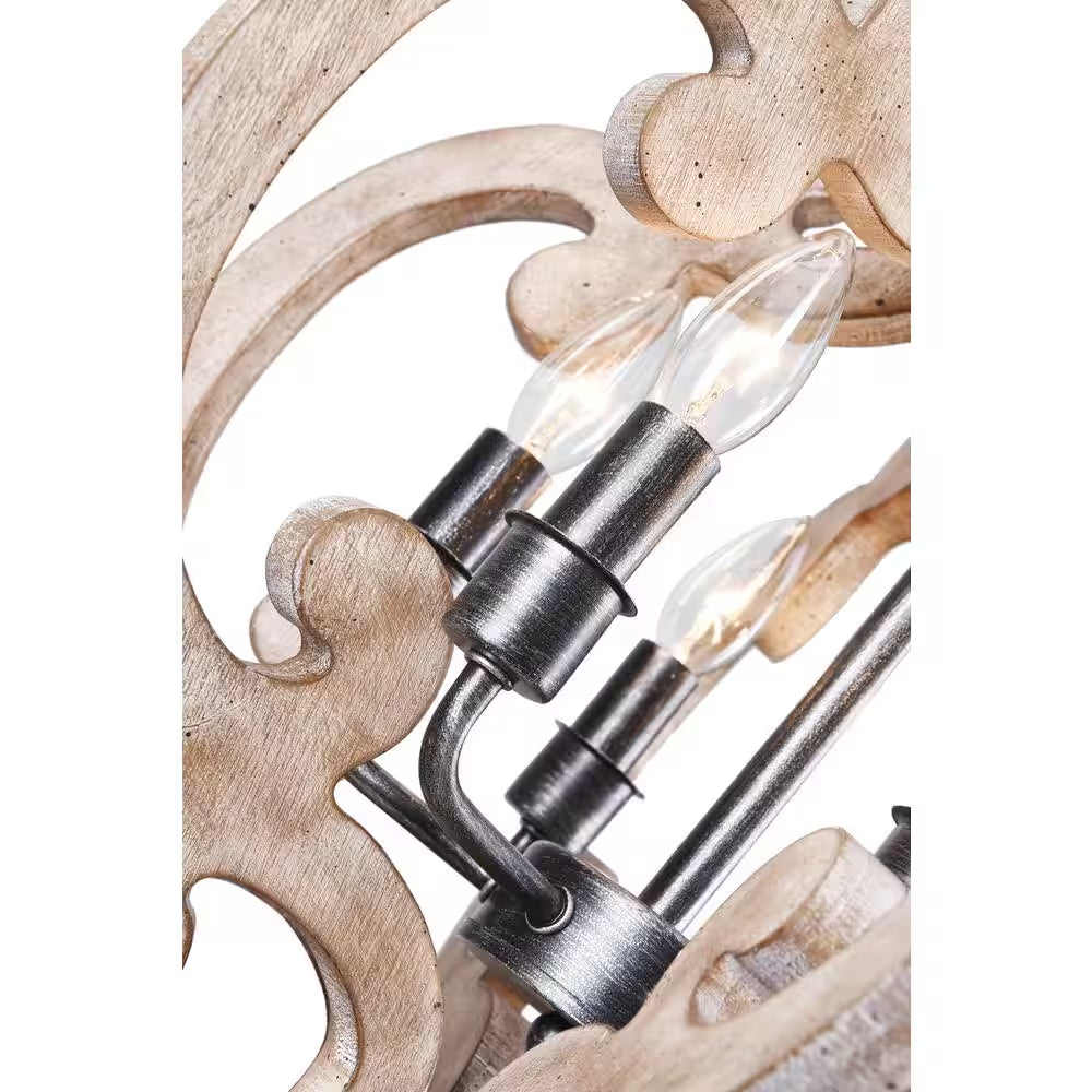 Voitto Cottage Chic Crown 6-Light Weathered Wood Chandelier, Farmhouse Wooden Pendant Light