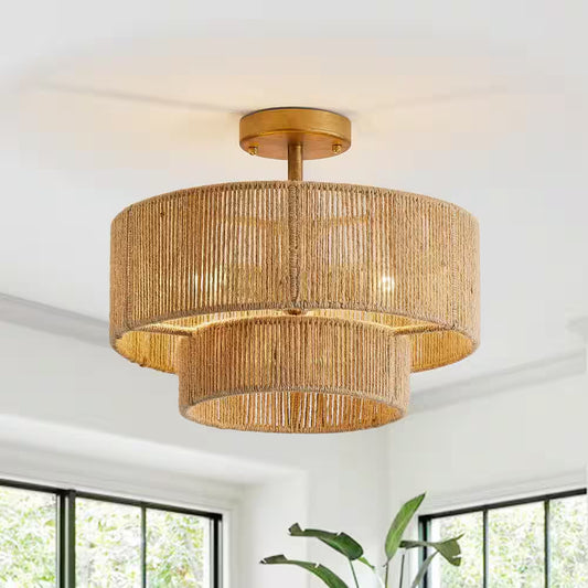 15.4 In. 3-Light Bohemian Antique Gold Two-Tier Drum Semi- Flush Mount with Natural Jute Rope Shade