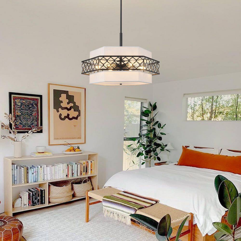 6-Light Modern Farmhouse Black Fabric Drum Chandelier for Living Room Kitchen Entryway Hallway Foyer