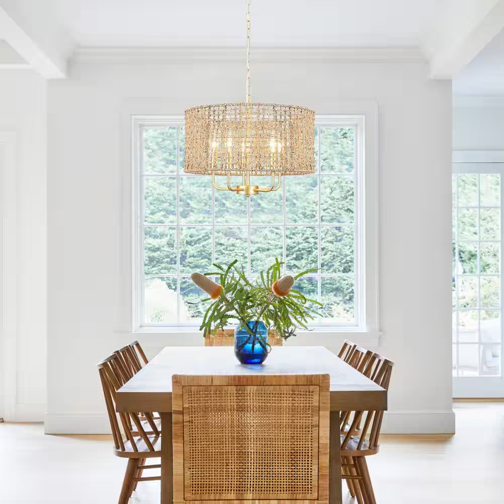 Nevarez 18.9 In. 5-Light Gold Bohemian Pendant Natural Rattan Dimmable Chandelier with Hand Woven Drum Shade