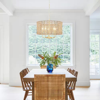 Nevarez 18.9 In. 5-Light Gold Bohemian Pendant Natural Rattan Dimmable Chandelier with Hand Woven Drum Shade