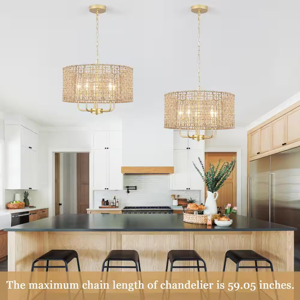 18.89 In. 5-Light Golden Bohemian Pendant Design Drum Chandelier with Natural Rattan Shade and No Bulbs Included