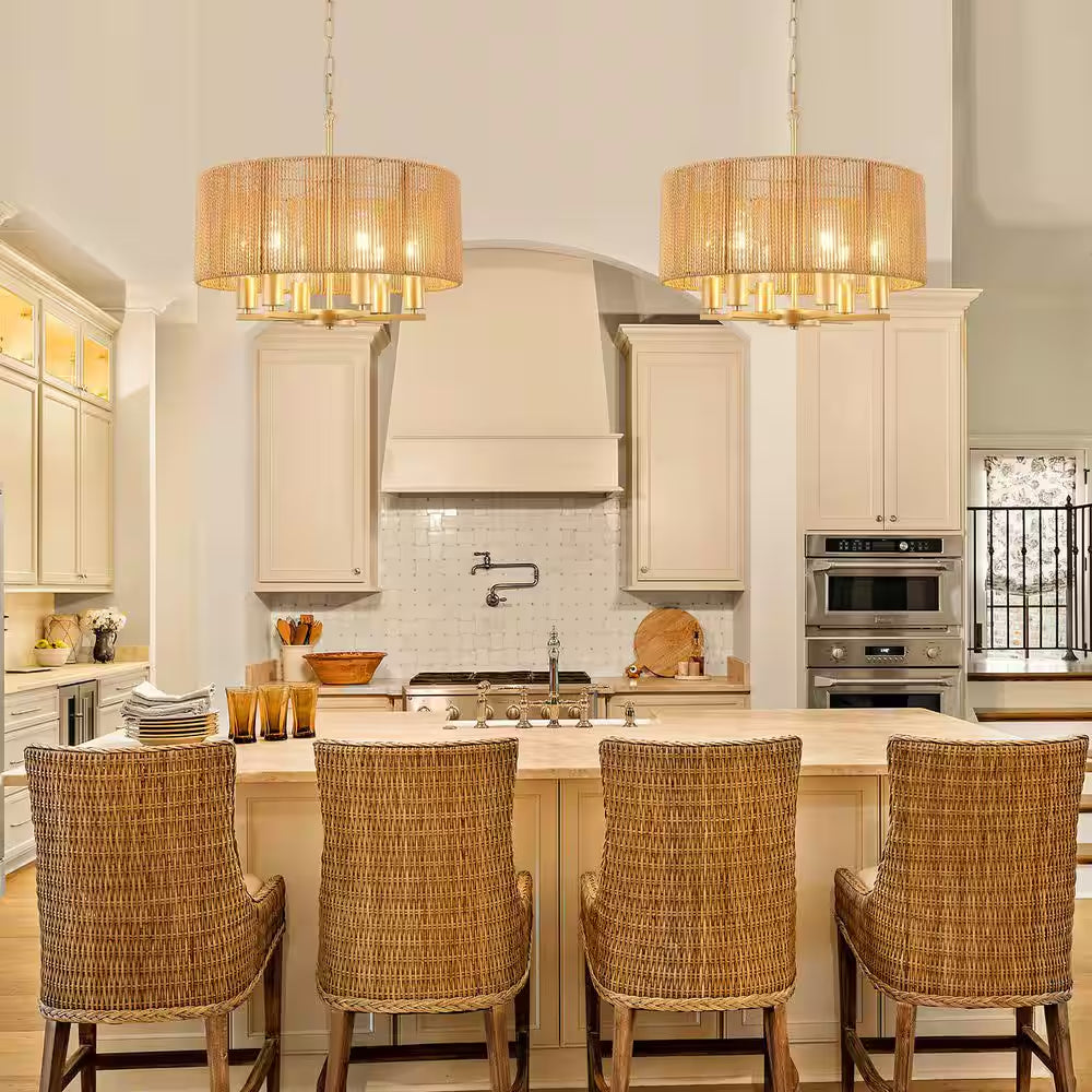 6-Light Natural and Gold Rattan Bohemian Drum Chandelier for Living Room Kitchen