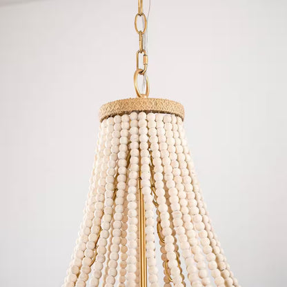 Farmhouse 17.7 In. 4-Light Antique Gold Empire Wood Beaded Chandelier with Jute Rope Shade