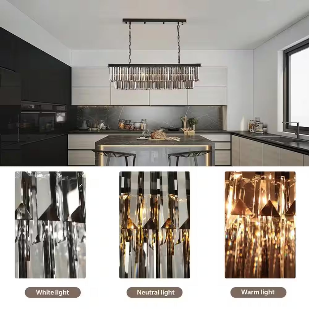 47 In. 8-Light Black and Smoke Crystal Chandelier Modern Dining Room Pendant Lighting