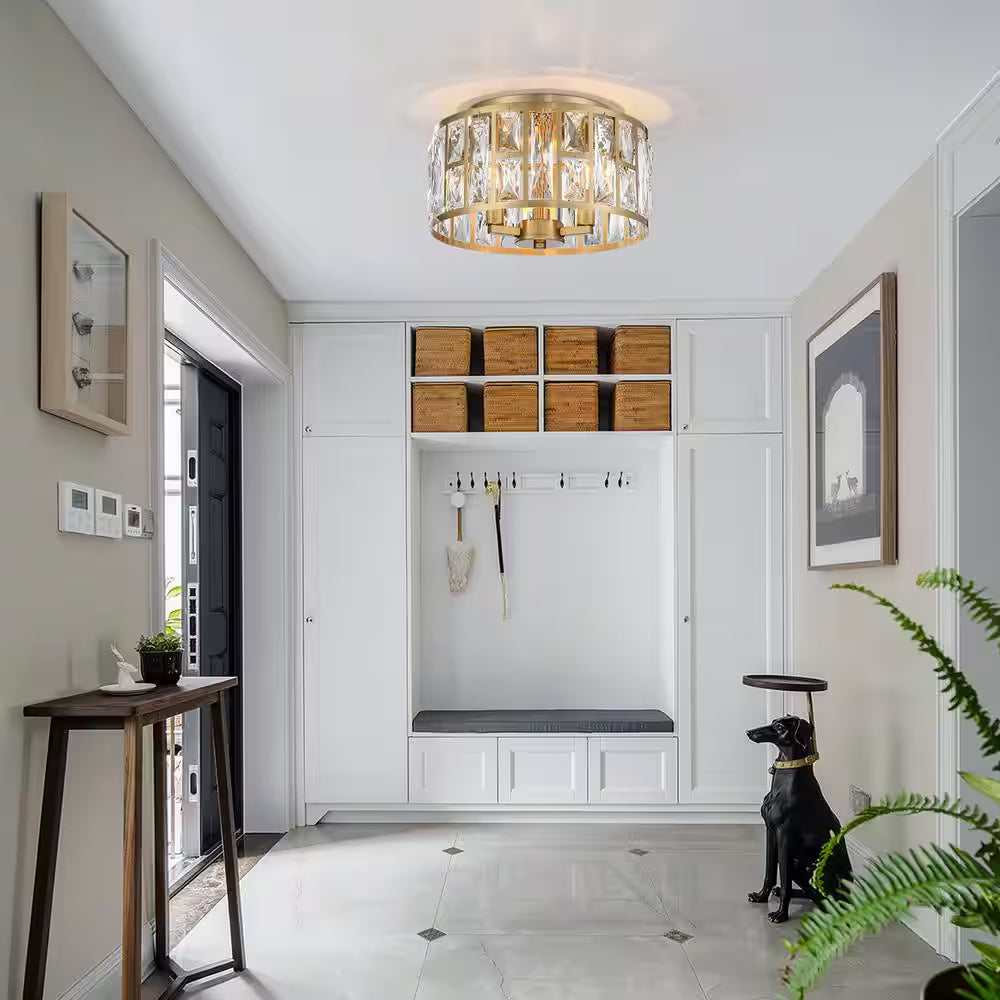 12 In. 3-Light round Modern Gold Drum Flush Mount Ceiling Light with Clear Crystal Shade