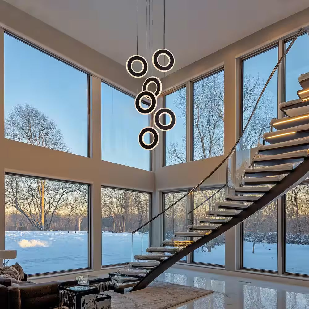 Modern 6-Light Dimmable Integrated LED Black Chandelier High Ceiling Ring Chandelier for Staircase Foyer Dining Room