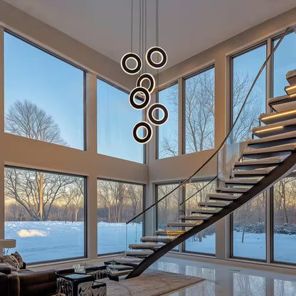 Modern 6-Light Dimmable Integrated LED Black Chandelier High Ceiling Ring Chandelier for Staircase Foyer Dining Room