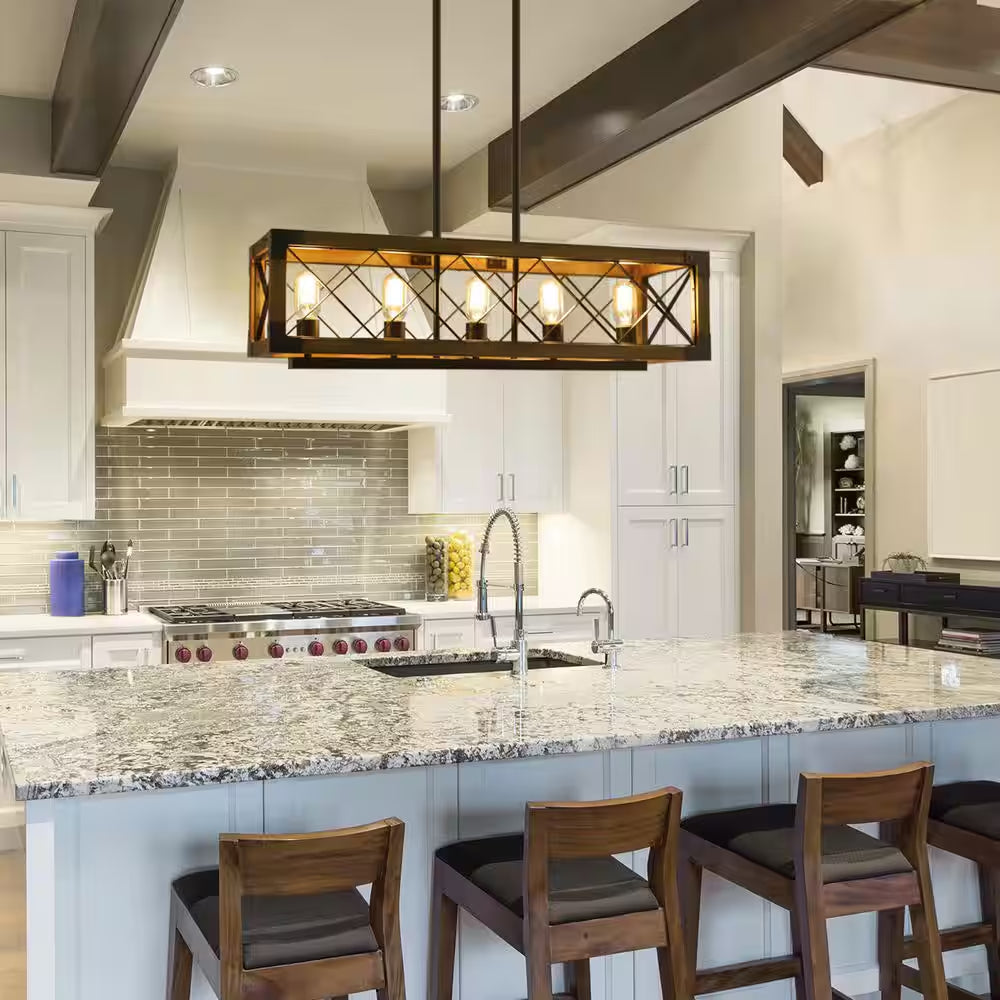 Wood Kitchen Chandelier 5-Light Linear Farmhouse Black Island Dining Room Chandelier Pendant with Rustic Rectangle Frame