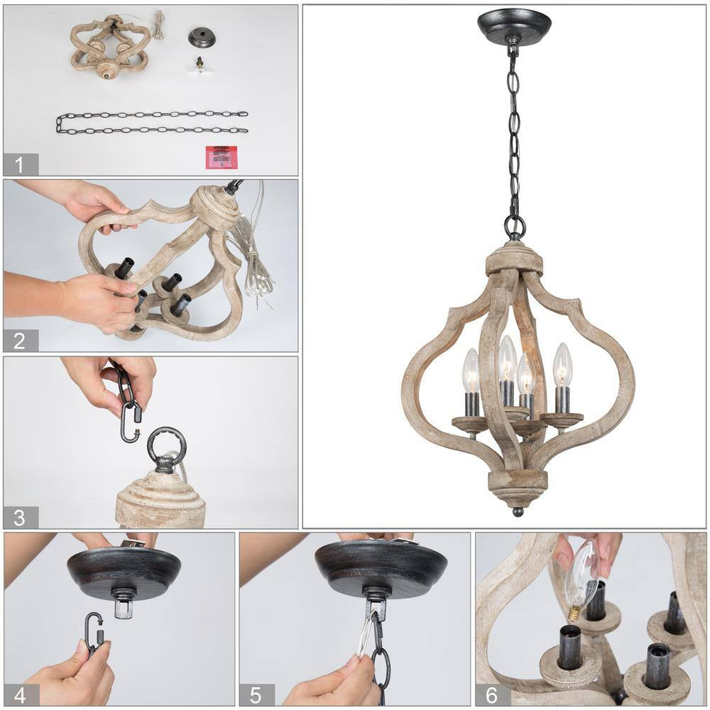 Lantern Wood Pendant 4-Light Cage Brown Rustic Chandelier Dining Room Island Chandelier with Farmhouse Candle Style