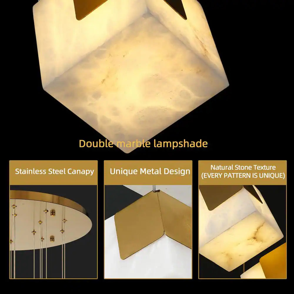 138 In. 20 Light Gold Dimmable Alabaster Cluster Chandelier Haning Pendant for Staircase with Alabaster Shade