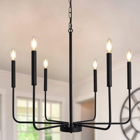 Black Farmhosue Chandeliers for Dining Room Light Fixture Ceiling Hanging, 26" 6 Lights Modern Candle Linear Traditional Metal Chandeliers for Dining Room Bedroom Living Room Foyer Kitchen