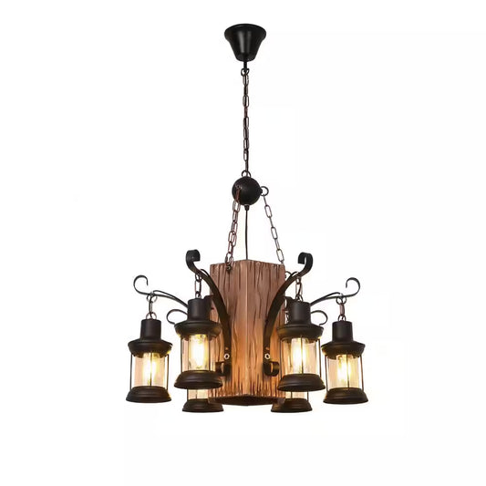 23 In. 6-Light Black Retro Rustic Wooden Chandelier for Dining Room, No Bulbs Included