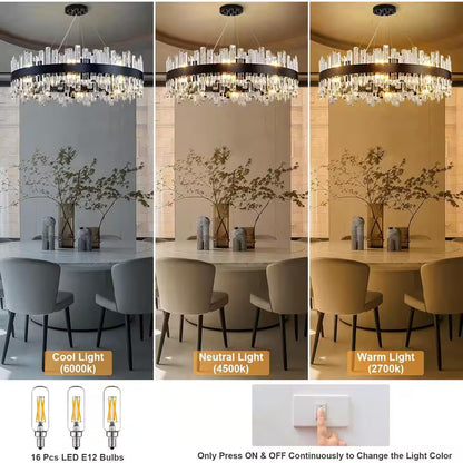31.5 In. 16-Light Black Crystal Chandelier, Modern round K9 Crystal Hanging Pendant Ceiling Light Fixture