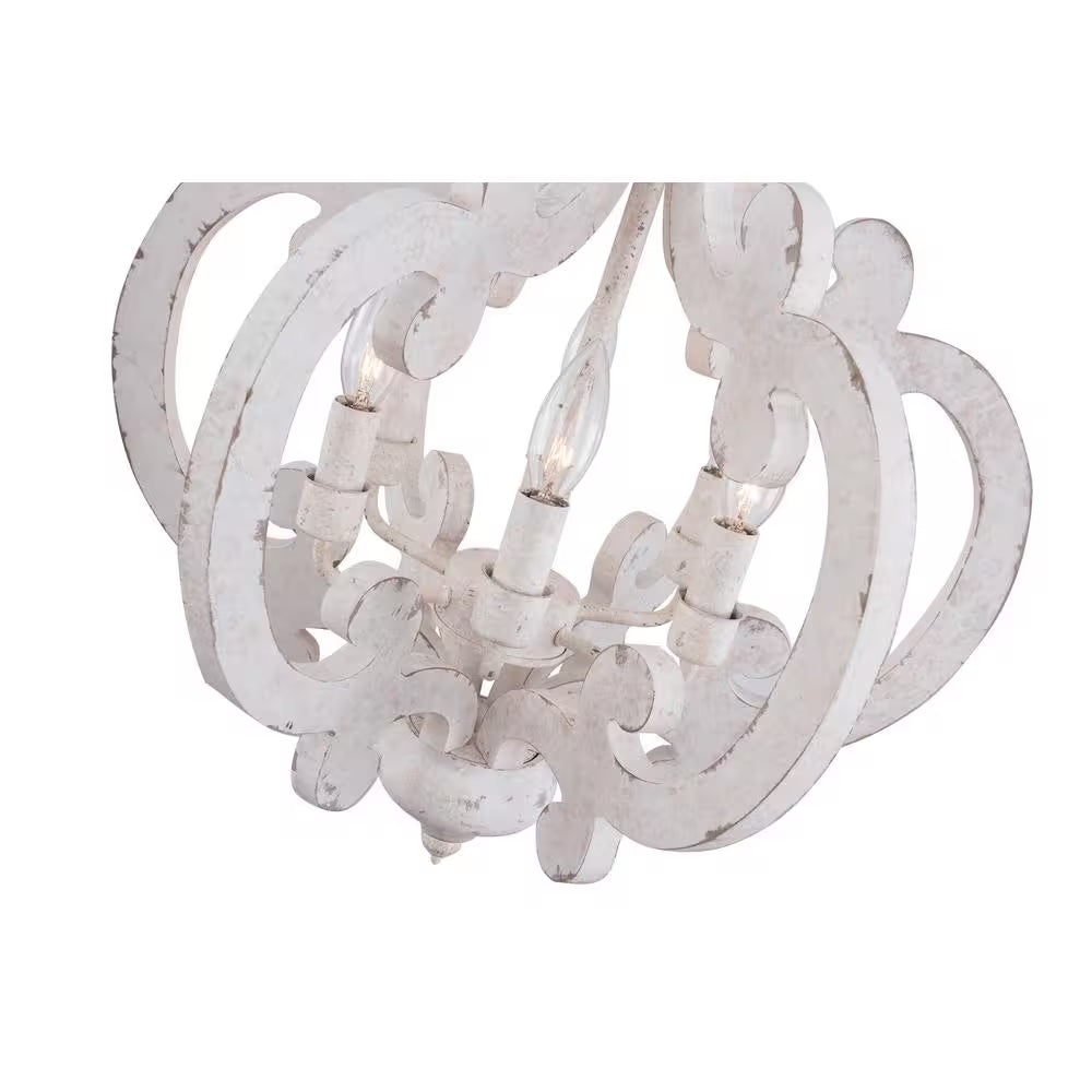 Voitto Cottage Chic Crown 6-Light Distressed White Wood Chandelier with Farmhouse Wooden Pendant
